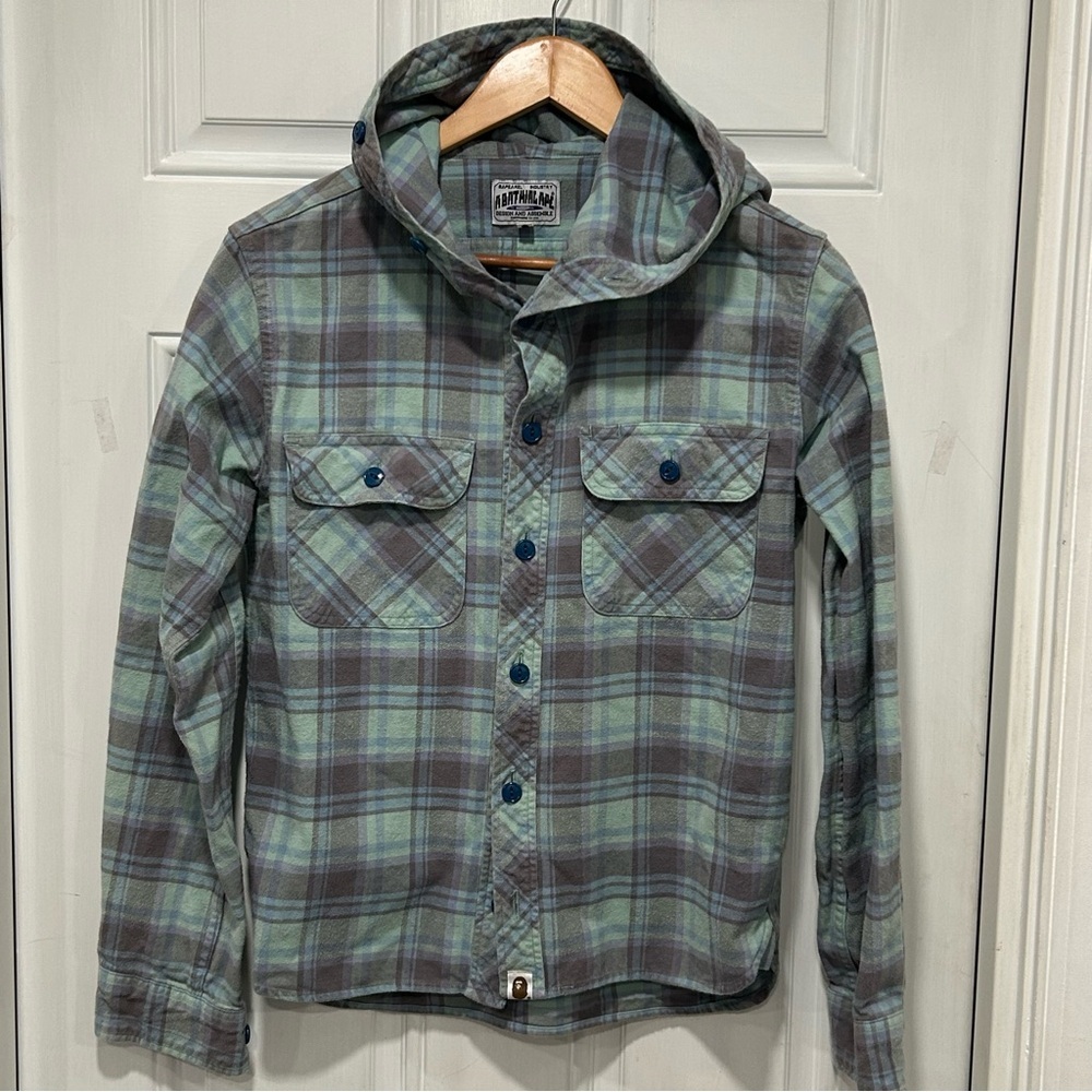 Bape A Bathing Ape Hooded Plaid Flannel Shirt Blue / Purple Streetwear Large